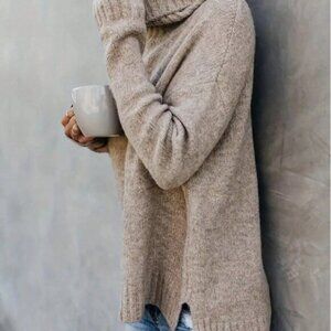 Khaki Casual Women's High Neck Knit Sweater